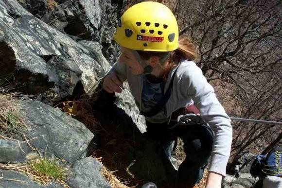 Amber approaching the 'Triumverate' belay ledge