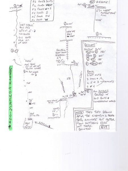 Here is a quick, best recollection of the Coyote Tower route. Better than anything we could find before we attempted the route. Have Fun!