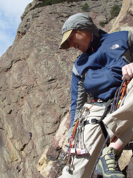 Nick at the top of the first pitch, under the overhang. Photo by Bill Rusk.