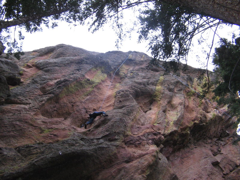 A direct variation to Patience Face exits straight up the water groove as opposed to climbing out right. As climbed, this variation is between The Shaft to the left and the exit of Patience Face. This is around 12+. <br>
<br>
Photo from November 2007.