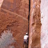Joe on Saddle Sores:  the nice hand crack on the lower half of the route.