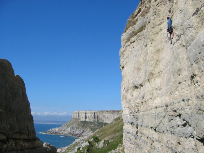 Great climbing on the limestone cliffs of Portland, south coast of England, UK.