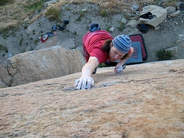 Nearing the top of the highball Triangle Face (V1), Mt. Rubidoux