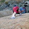 Nearing the top of the highball Triangle Face (V1), Mt. Rubidoux 
