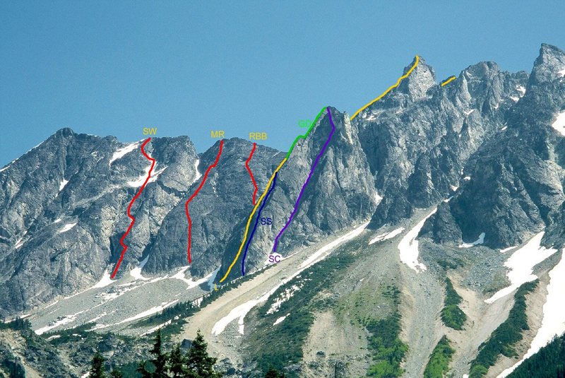 Photo topo of the Salal Creek Walls of Mt Athelstan.<br>
<br>
SW = Standing Wave III/IV 5.9<br>
MR = Moonraker III 5.7<br>
RBB = Raised By Bears III 5.7<br>
L = Lillarete IV 5.8<br>
SS = Solstice Start to Lillarete IV 5.9<br>
GD = Solstice Start to Gnomon Direct IV 5.10+<br>
SC = Selective Cut IV 5.9