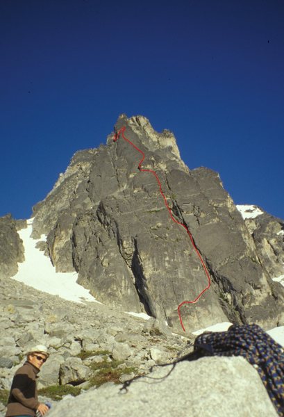 The line of Lillarete's lower pitches as seen from the bivy site, up to the traverse around the Gnomon.