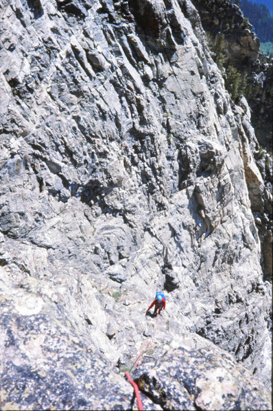 Following a 4th class pitch on the Durrance Route. Symmetry Spire. Tetons. August 1975