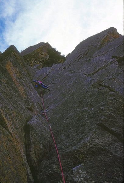 Wendy Weiss leading Over the Hill. Rincon Wall. Eldo. Fall 1988.