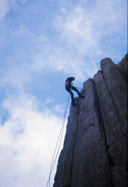 Stan Thomas at The Columns, Eugene's "climbing gym." Eugene, OR. Spring 1973