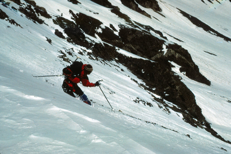 Dropping into the E Bowl after skiing from the summit of Gray's Peak to the Gray's-Torrey's Col. May 1987