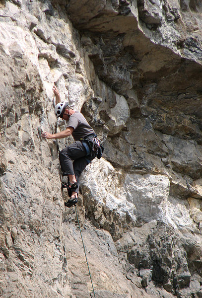 John Ross, above the first chains and climbing into the first light-colored band.<br>
<br>
Photo by Tyler Ross.