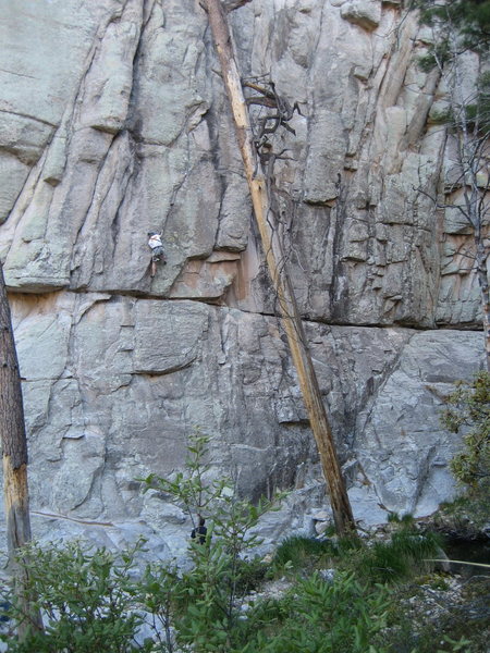 Geir Hundal just starting the crux section. The climb starts 20 feet lower and to the left and has an unprotected 5.6 move to reach the horizontal.