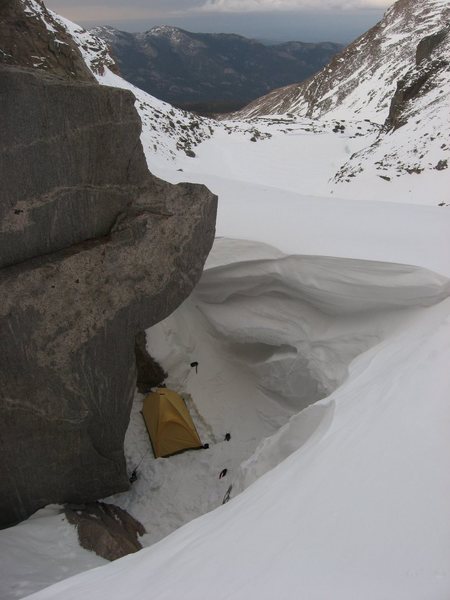 Really cool bivi on Mills glacier. 5-8-09. The seasonal snowpack was at least fifteen feet deep at this point.