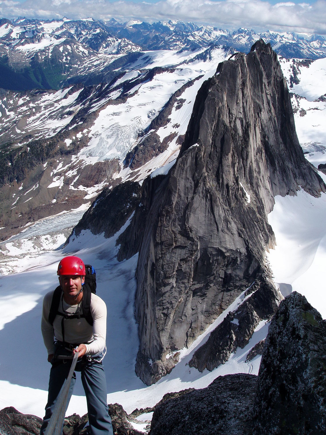 Rob Rappelling Off Bugaboo Spire Snowpatch Spire In Background