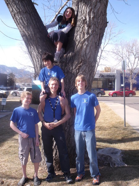 Some members of Gunnison's youth climbing team, the Peaceful Warriors. Daisy WIllis (in tree), (L-R) Jack Startkebaum, coach Alec Solimeo, Caleb Justice and Sebastain Infantes on Solimeo's shoulders. Photo from bouldering nationals at The Spot in Boulder.