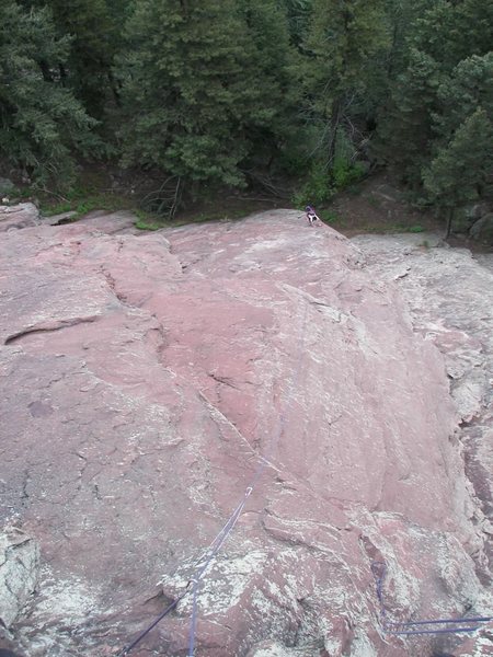Ralph Burns and Rich Perch starting the Direct SE Arete of the Second Flatiron. Starting from the low point left of The Gutter.