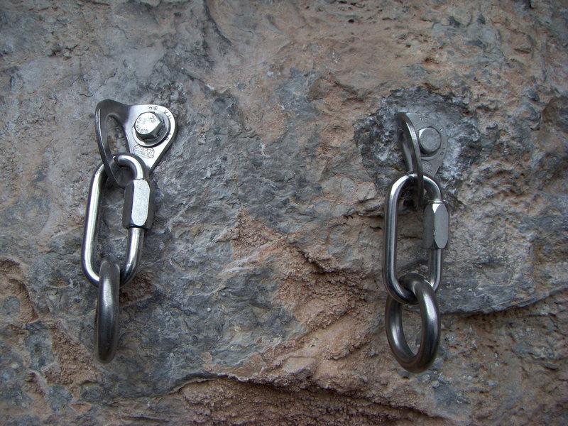 The new belay/rappel anchor for The Long Haul at the Puoux, Glenwood Canyon.