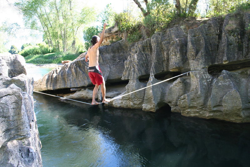 leon on a slack line set up at the Second Watering Hole (november 2007). The idea was not to fall withing the first couple feet...to clear the rock and hit the water. hmmm. slack at your own risk.