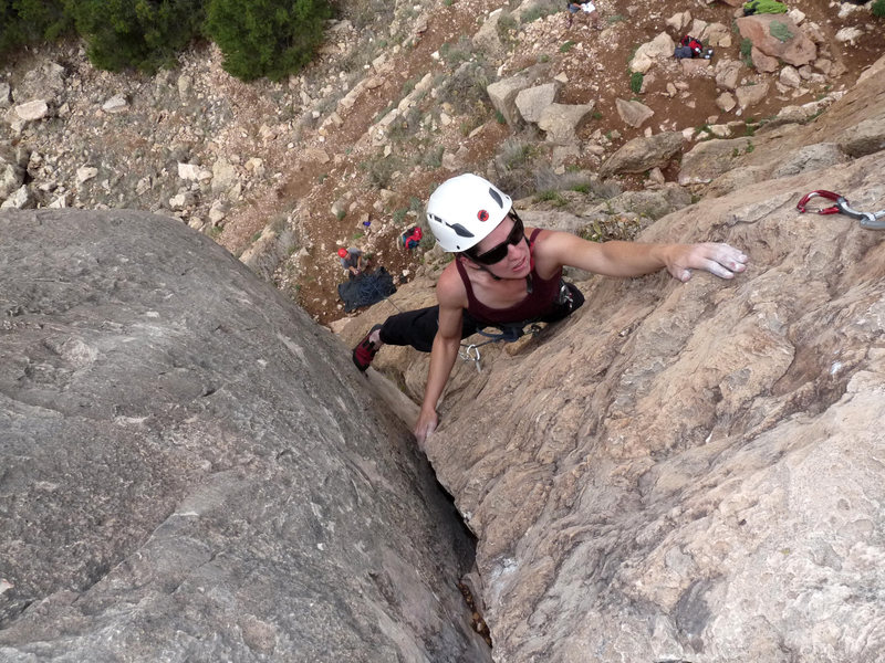 Moving through the wide crack crux of the route. May 2009.