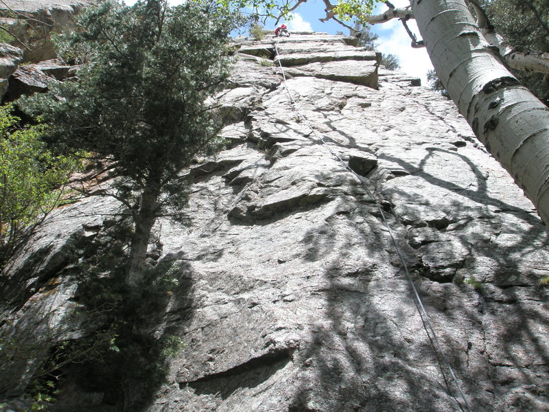 Climber Nearing the top of Beat Around the Bush. The small roof and the bush for which (I presume) the route is named can be seen a short ways below the climber.