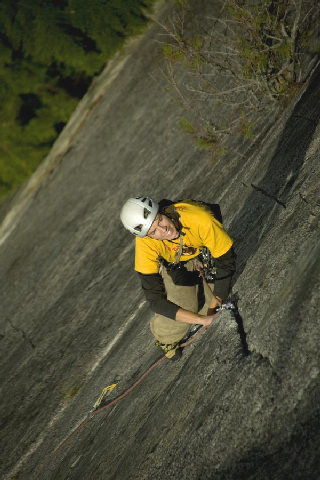 Tristan leading pitch 2 on Hairpin, Papoose.<br>
Photo by Gerhard Schaar