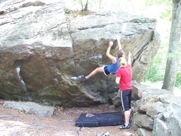 not the best landing, but she's on the jug right before the crux.
