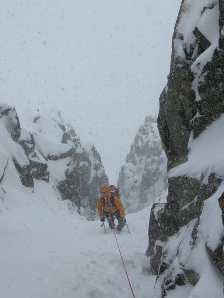 Climbing up into farthest left couloir. 5/2/2009.