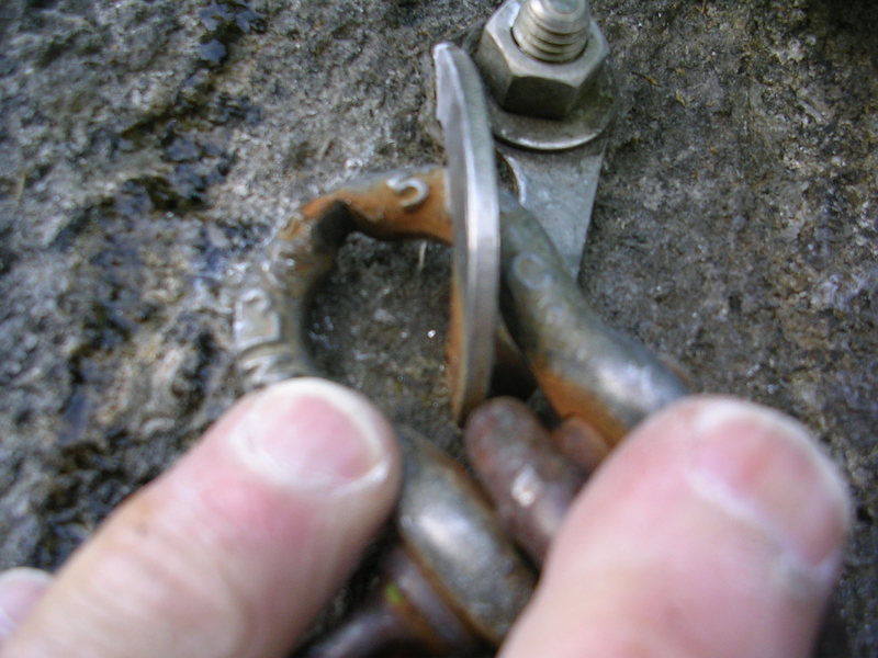 Corroded anchor at second belay of Mercy Me, June 5, 2005. All the anchors have this little problem to some degree. Easy to replace, if you know ahead of time. Bring some quick links and a wrench, if your interested.