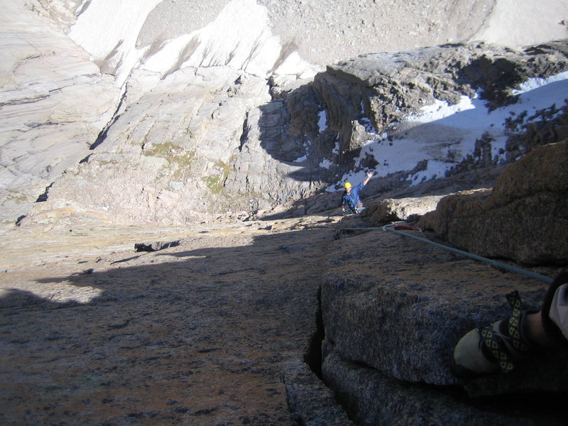 Halfway up the offwidth-y pitch. Henry waving to the camera!