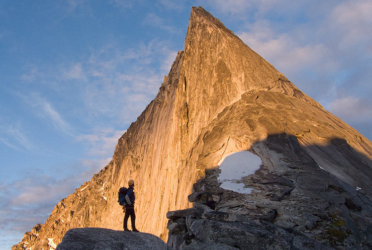 Les M absorbing the awesomeness of Bugaboo's NE Ridge, on approach. Photo: Avery Nelson