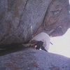 Jeff Lowe just past the crux during the FFA. He's wearing a some old RR's. Photo: Jim Langdon