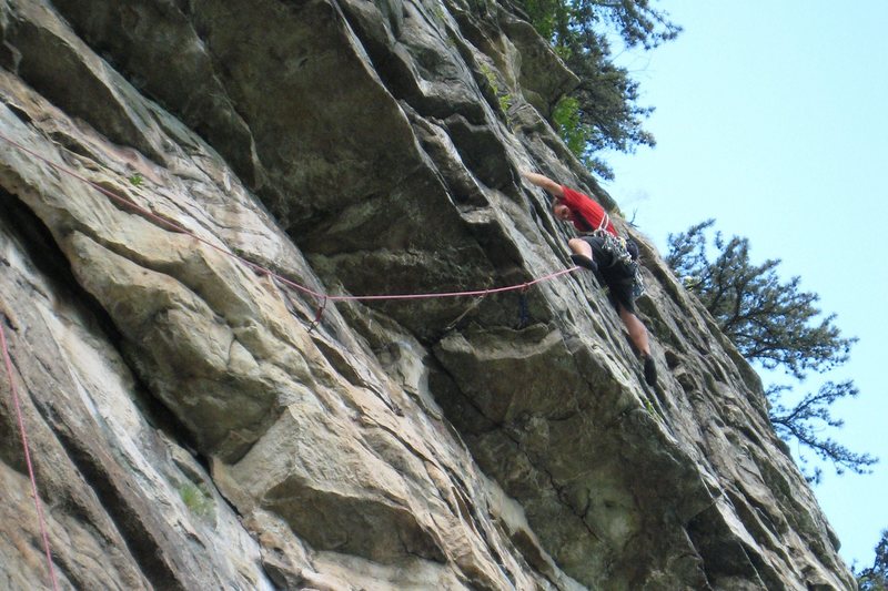 A few moves past the roof crux on Birdie Party.