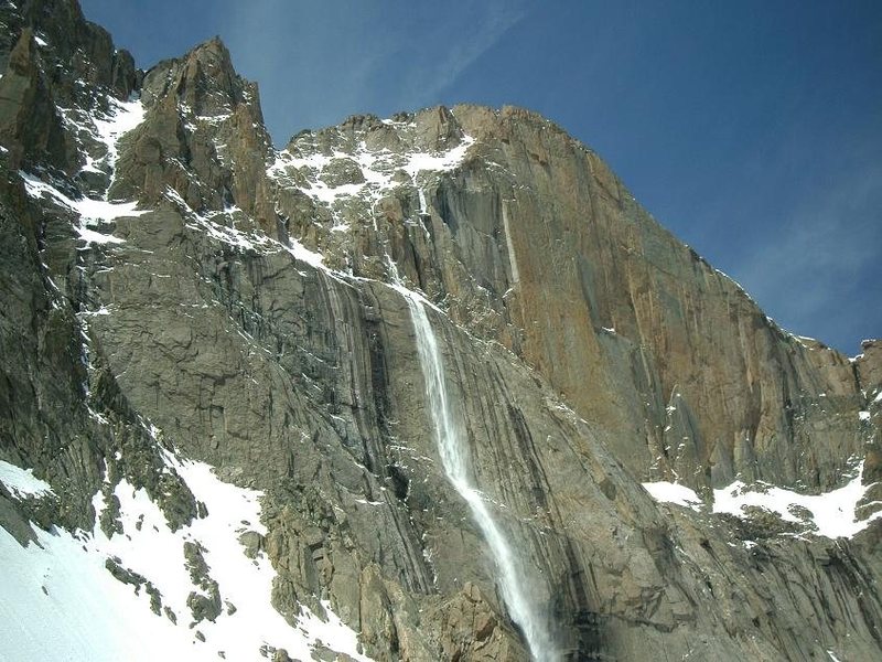 Climber on Broadway catching an avalanche. Note the tiny spec near the middle of the pic.
