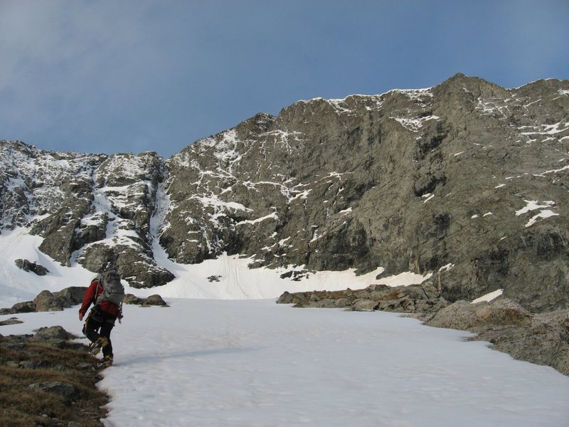 Approaching couloir. Can you say " 5am is a late start?" Uh oh.
