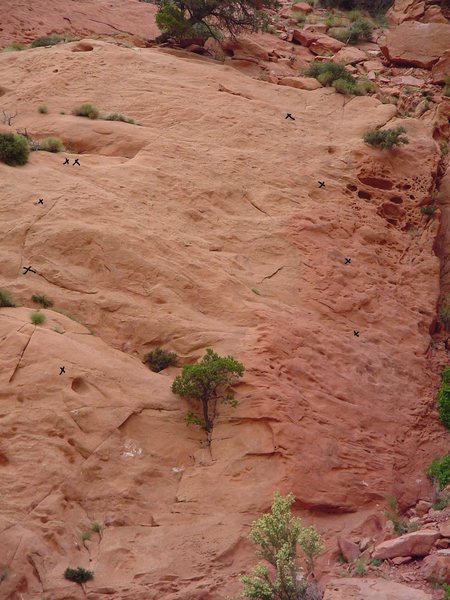 East aspect of East Buttress.<br>
The route on the right is the 5.6 route.