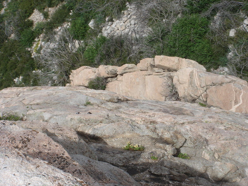 View from the top of Scot Rock, looking down at the anchor used to rap before climbing the west face.