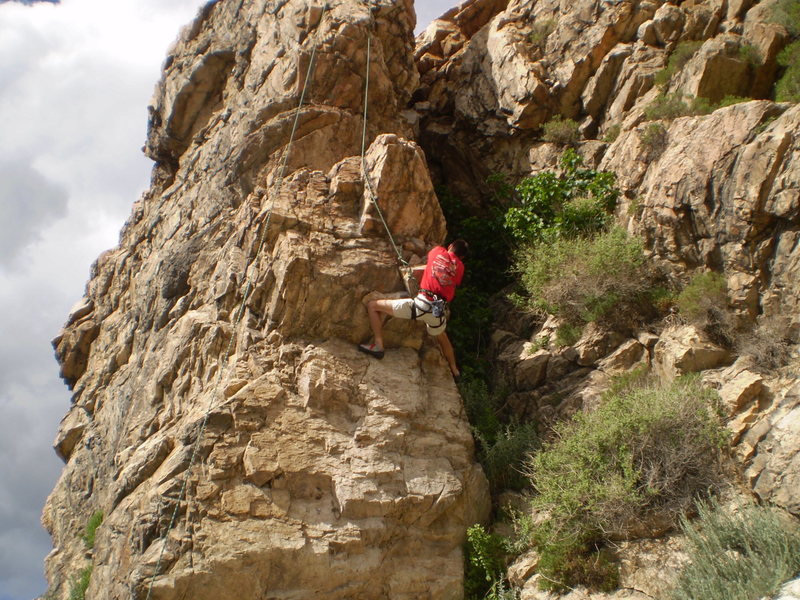 tough climb , scary location for falls and toprope is hard on your rope