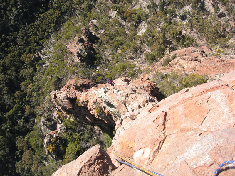 Looking down pitch 5 of Cornerstone Rib (14 5.7) Crater Bluff, Warrumbungles NSW. This volcanic plug is a ring dyke and is hollow inside