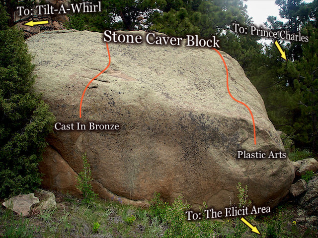 Photo beta for the "Stone Carver Block" located in the lower SOUTH/EASTERN saddle of the "The Pass." Three Sisters Park, Colorado.