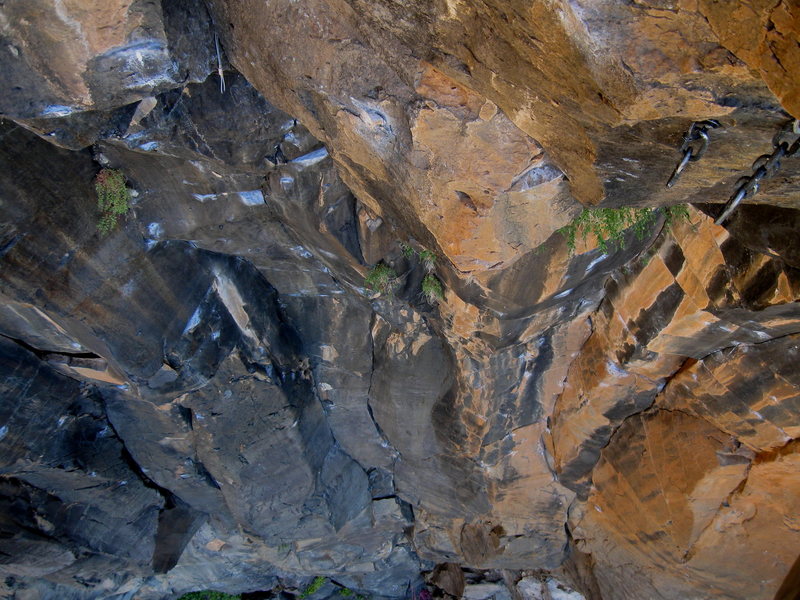 The downward view from the anchors. Speaking in Tongues climbs up the black section of rock to the fixed wire. Fade to Black and Pyrokinesis are to the right.