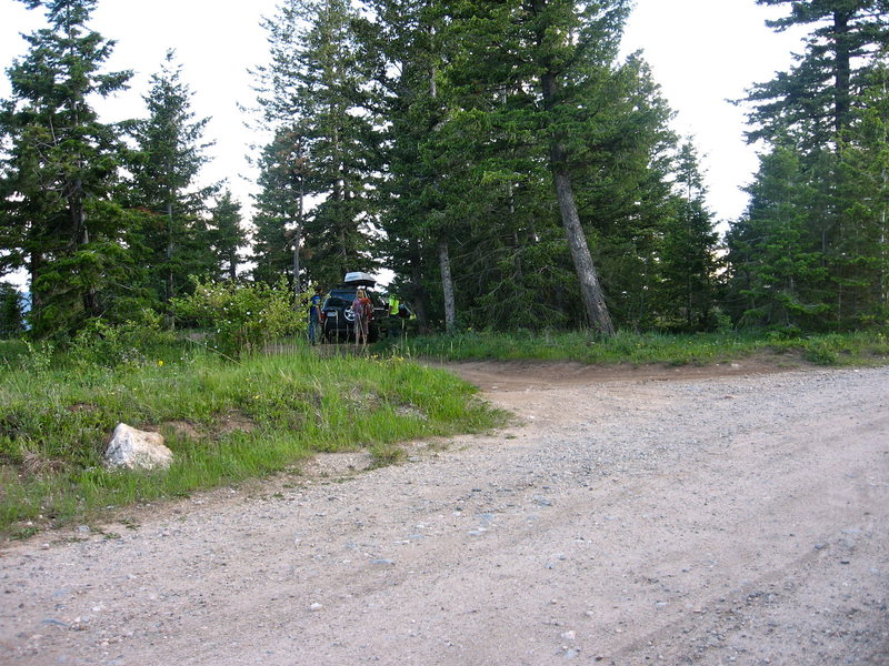 This is the pull off to park in. The trail lies 50 yards up the road at the apex of the switchback.