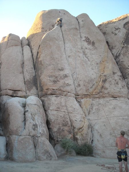 Damien Germano maxing out the TR setup, Dan Bair on belay on a warm summer day at JTree.