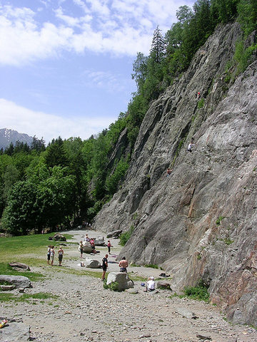 View from the right side of the main crag at Les Gaillands--busy as usual, but plenty of routes to choose from.