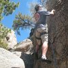 Loren on Hook and Ladder (5.6), Holcomb Valley Pinnacles.<br>
