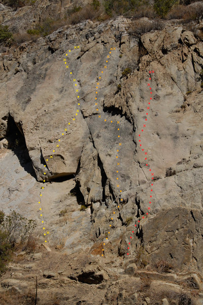 Wheeler Gorge topo 1 <br>
<br>
Yellow: Exodus (5.11a/b)<br>
Orange: Little Buckaroo (5.11a)<br>
Red: Blush (5.10d)<br>