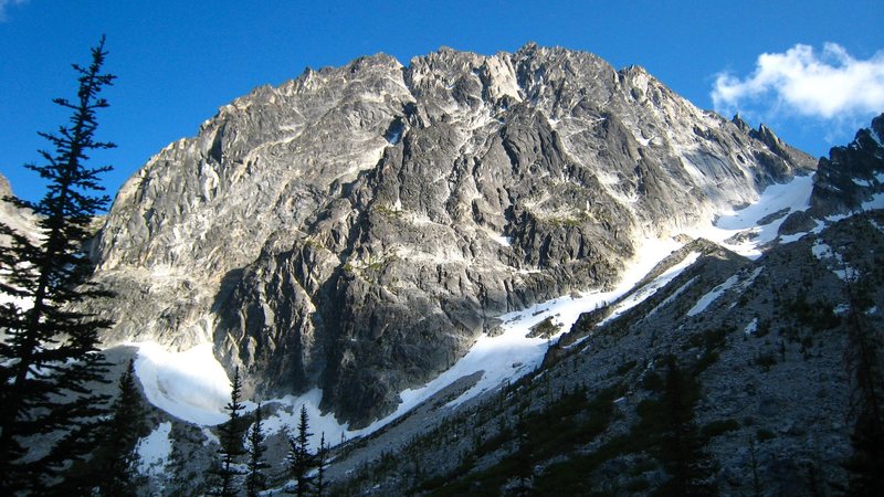 Dragontail Peak. Backbone ridge is the lower of the 2 ridges on the right side of the face. Serpentine Ridge is the next ridge to the right of Backbone Ridge.