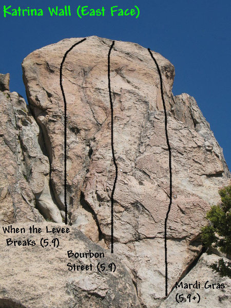 Photo/topo for Katrina Wall (East Face), Holcomb Valley Pinnacles. <br>