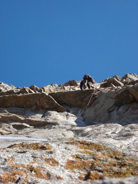 WIth the 12a crux behind him Lee head to the belay atop pitch 3.