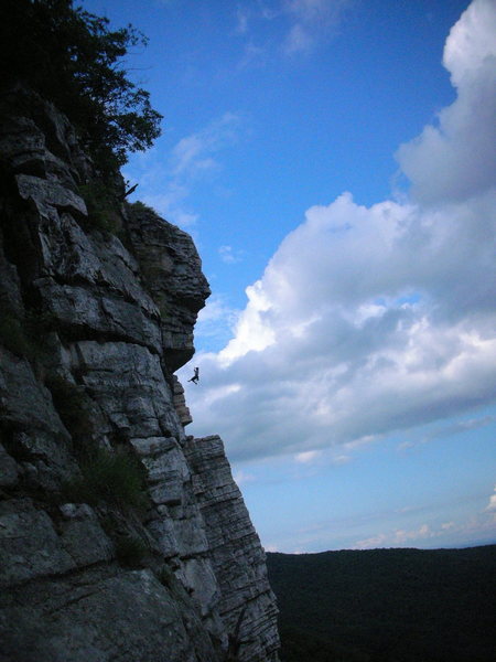 Girl, Linda, dangling after falling off the crux of High Exposure. I was rapping off of "The Last Will Be First" and caught this moment on film. She finished the climb.