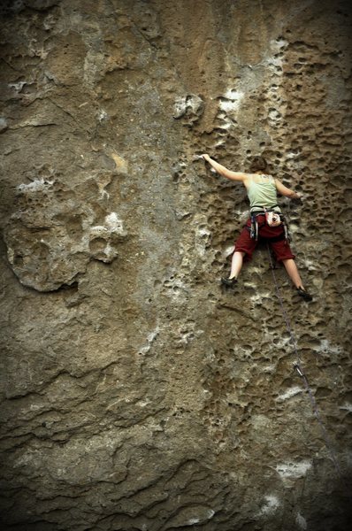 The Potato Patch Area, Ruffles 5.10. This climb is a great example of the pocketed-goodness you can expect to find in Clark Canyon.